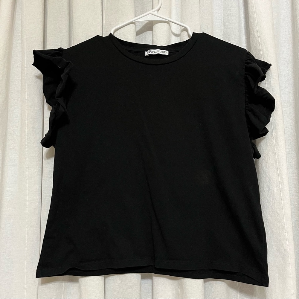 Zara black tee shirt with ruffle sleeves size medium